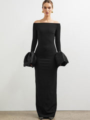 Long Sleeve Fitted Dress with Puff Sleeves and One-Shoulder Neckline Newgew Dresses