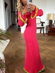 Bell Sleeve Square Neck Contrast Long Knitted Dress Newgew Dresses