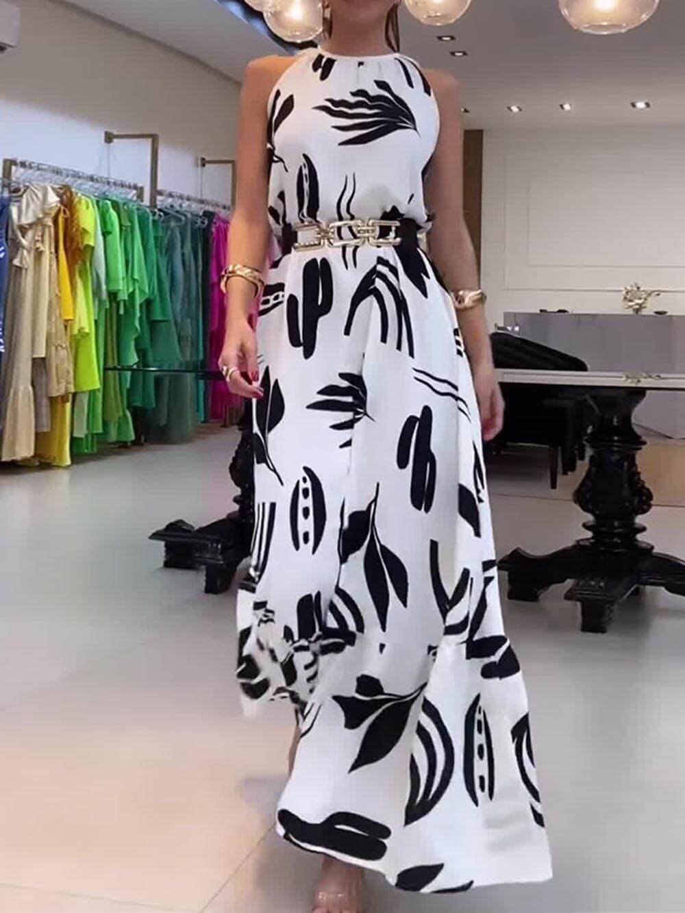 Unique Print Tie-up Neckline Loose Cocktails Maxi Dress Newgew Dresses