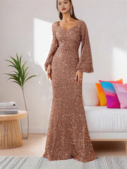 V-Neck Sequin Bodycon Dress with Trumpet Sleeves Newgew Dresses