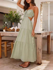 Hollow Sleeveless Pleated Patchwork Full Hem Dress Newgew Dresses