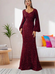 V-Neck Sequin Bodycon Dress with Trumpet Sleeves Newgew Dresses