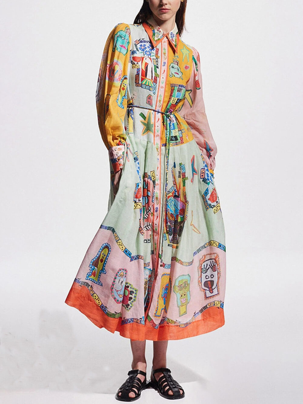 Unique Print Colorblock Balloon Sleeve Belt Shirt Midi Dress Newgew Dresses