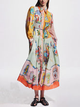 Unique Print Colorblock Balloon Sleeve Belt Shirt Midi Dress Newgew Dresses