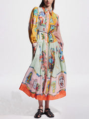 Unique Print Colorblock Balloon Sleeve Belt Shirt Midi Dress Newgew Dresses