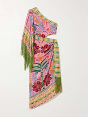 Fine Satin Art Palm Tree Floral Print Fringed Midi Dress Newgew Dresses