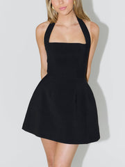 Halterneck Open-Back High-Waisted A-Line Wide-Hem Mini Dress Newgew Dresses