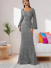 V-Neck Sequin Bodycon Dress with Trumpet Sleeves Newgew Dresses