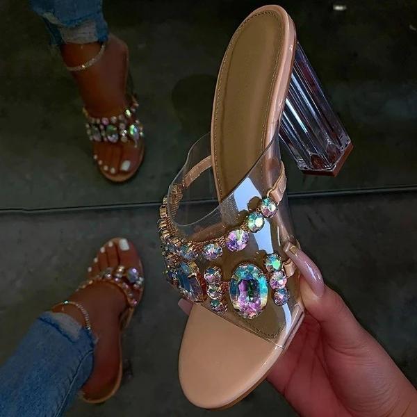 Rhinestone Chunky Heel Slip-On Flip Flop Pvc Slippers NewGew
