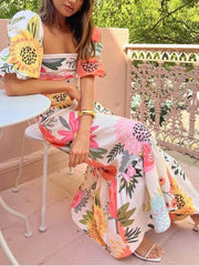 Floral Print Square Neck Bubble Sleeve Maxi Dress Newgew Dresses