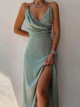 Elegant Spaghetti Strap Pleated Leg Slit Dress Newgew Dresses