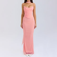Pink Strapless Bodice and High Waist Skirt with Tie Set Newgew Dresses