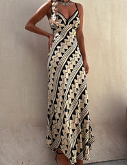 Exclusive Melody Satin Ethnic Print Smocked Back Midi Dress Newgew Dresses