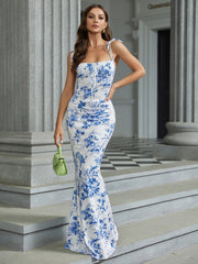 Tie Shoulder Fishtail Hem Floral Print Prom Dress Newgew Dresses