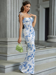 Tie Shoulder Fishtail Hem Floral Print Prom Dress Newgew Dresses