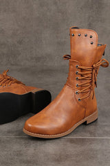 Vintage Faux Leather Studded Lace-Up Mid-Calf Casual Boots NewGew