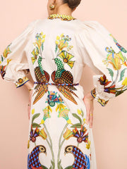 Exquisite And Fun Printed Puff Sleeves Loose Casual Midi Dress Newgew Dresses