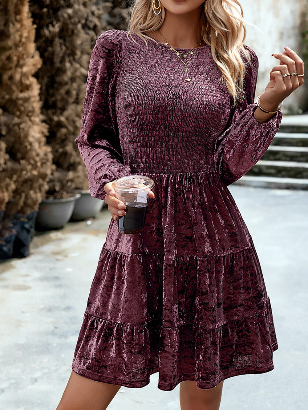 Round Neck Casual Velvet Mini Dress Newgew Dresses