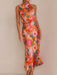 Floral Halter Neck Elastic Waist Maxi Dress Newgew Dresses