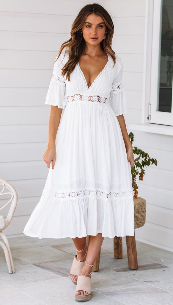 White V Neck Ruffle Hem Lace Dress Newgew Dresses