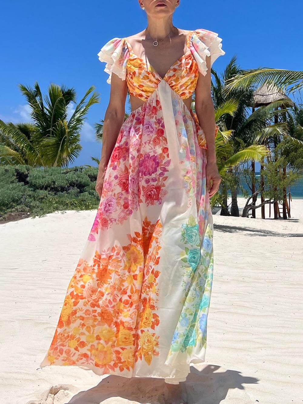 Floral Frill Cutout Back Tie-Up Maxi Dress Newgew Dresses
