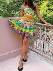 Summer MulticolorLemon Preated Hem Mini Dress Newgew Dresses