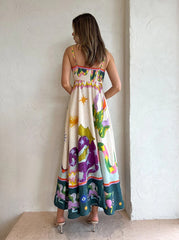 Linen Blend Unique Print Smocked Back Pocketed Midi Dress Newgew Dresses