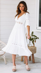 White V Neck Ruffle Hem Lace Dress Newgew Dresses
