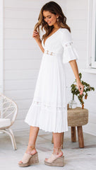 White V Neck Ruffle Hem Lace Dress Newgew Dresses