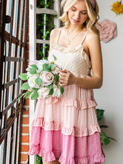 Fairy Color Block Swiss Dot Ruffled Tiered Spaghetti Strap Dress Newgew Dresses