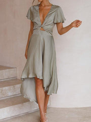Sage Satin Maxi Wrap Dress: Twist-Front Cutout Newgew Dresses