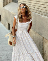 Plaid Ruffled-Sleeve Smocked Maxi Dress Newgew Dresses