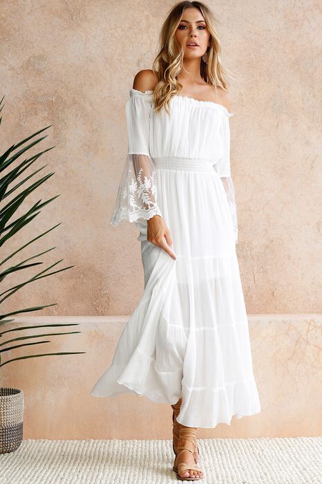 Shoulder Maxi Dress: Embroidered Off Lace Flared Sleeve Newgew Dresses