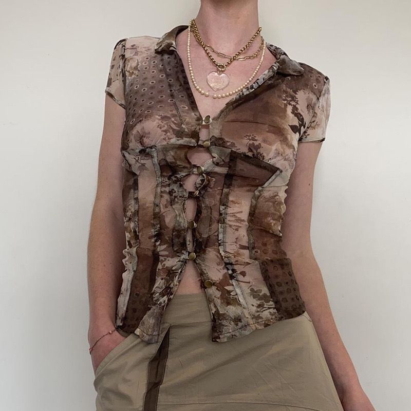 Vintage V Neck Mesh Print Short Sleeve Tee NewGew