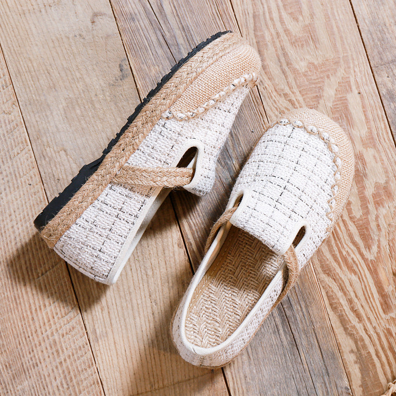 Women's Linen Literary Pumps Sewing Thread Plaid Canvas Shoes Newgew