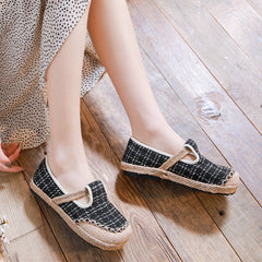 Women's Linen Literary Pumps Sewing Thread Plaid Canvas Shoes Newgew