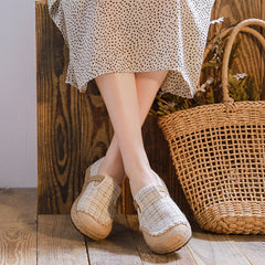 Women's Linen Literary Pumps Sewing Thread Plaid Canvas Shoes Newgew