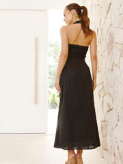 Casual Solid Color Sleeveless Backless Halter Midi Dress Newgew Dresses