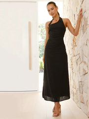 Casual Solid Color Sleeveless Backless Halter Midi Dress Newgew Dresses