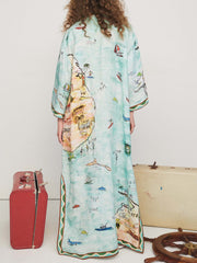 Modern Satin Art Island Print Slit Maxi Dress Newgew Dresses
