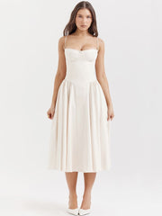 Vintage Low-Waist Midi Dress - Cream Beige Newgew Dresses