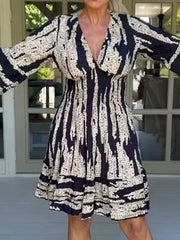 Chevron Pleat Painted Flare-Sleeved Dress Newgew Dresses