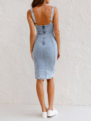 Adjustable Straps U Neck Slit Denim Bodycon Cami Dress Newgew Dresses