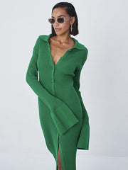 V-Neck Long Bell Sleeve Sweater Maxi Dress Newgew Dresses