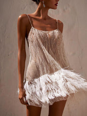 Backless Fringed Mesh Sequin Miniskirt Newgew Dresses