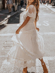 V-Neck Short-Sleeve Lace Maxi Dress Newgew Dresses