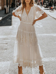 V-Neck Short-Sleeve Lace Maxi Dress Newgew Dresses