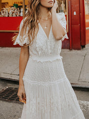 V-Neck Short-Sleeve Lace Maxi Dress Newgew Dresses