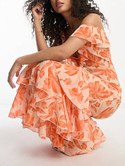 Shoulder Asymmetric Maxi Dress In Orange Floral Jacquard Newgew Dresses