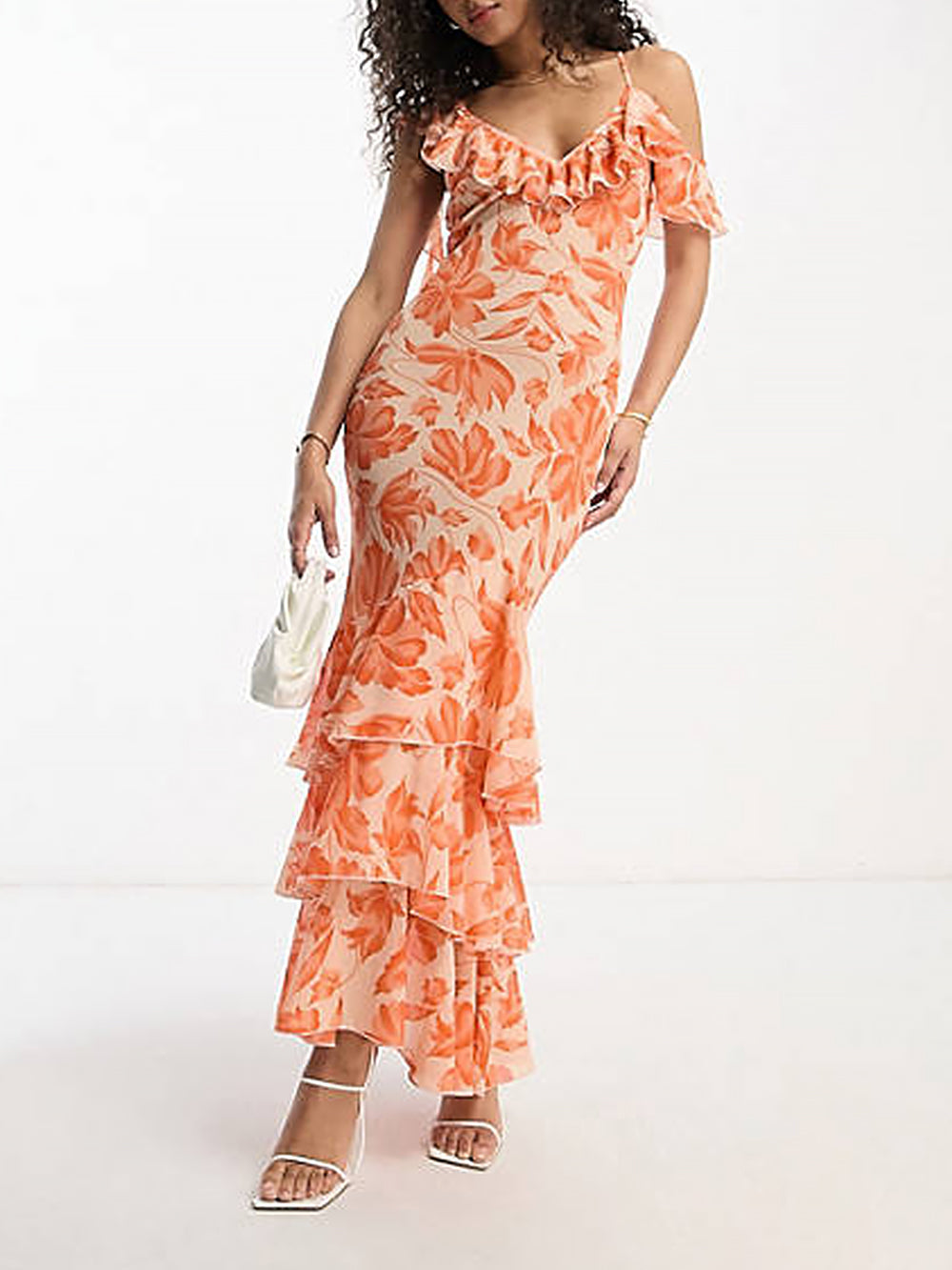 Shoulder Asymmetric Maxi Dress In Orange Floral Jacquard Newgew Dresses